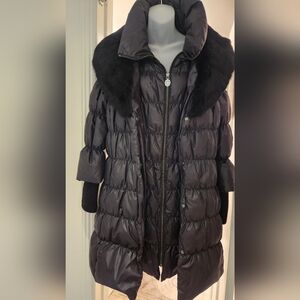 Unique Tahari Design Black Puffer Jacket with Fur Trim Color and Vest, 2 Pcs.
